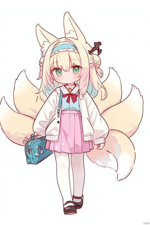  1girl, solo, long hair, looking at viewer, blush, bangs, skirt, blonde hair, simple background, shirt, long sleeves, white background, holding, animal ears, hair between eyes, closed mouth, green eyes, standing, tail, full body, ahoge, white hair, pantyhose, multicolored hair, hairband, shoes, alternate costume, two side up, animal ear fluff, fox ears, fox tail, aged down, blue shirt, fox girl, multiple tails, child, pink skirt, white pantyhose, blue footwear, Whiteboard, female child, blue hairband, kitsune, kindergarten uniform, kyuubi, holding Whiteboard, loli, , 1girl