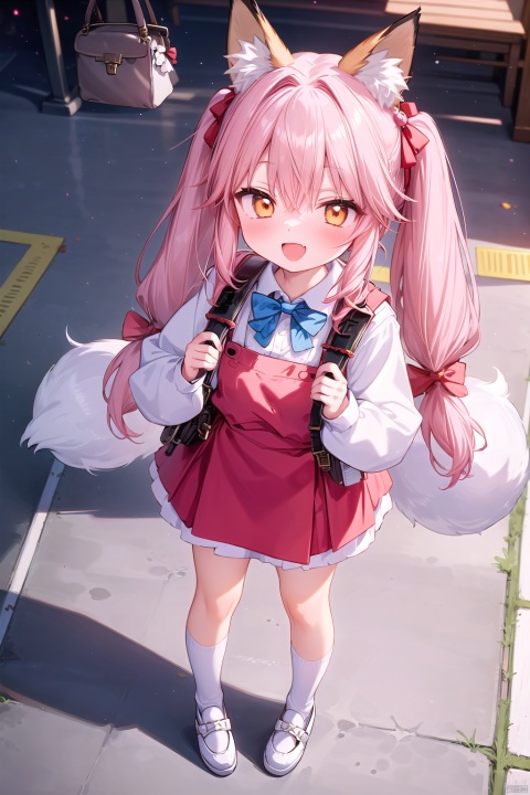 1girl, （fox ears, fox Tail）,pom pom hair ornament, crime prevention buzzer, solo, pom pom \(clothes\), hair ornament, red bow, twintails, bow, smile, long sleeves, blush, open mouth, backpack, shirt, looking at viewer, bag, bowtie, red bowtie, instrument, white shirt, randoseru, shoes, bangs, pink hair, white socks, pinafore dress,  red bag, standing, dress, light brown hair, full body, collared shirt, white footwear, recorder, socks, skirt, school uniform, from above,  short twintails, aged down,fang, smug, 