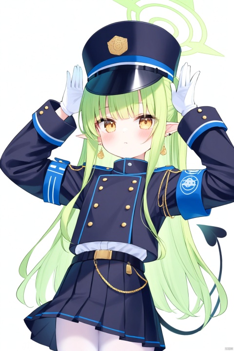 1girl, solo, long hair, looking at viewer, blush, bangs, skirt, simple background, shirt, gloves, long sleeves, hat, white background, jewelry, closed mouth, jacket, tail, yellow eyes, pantyhose, pleated skirt, earrings, green hair, pointy ears, belt, white gloves, black skirt, uniform, arms up, black headwear, halo, demon tail, armband, peaked cap, white pantyhose, highlander,loli, highlander