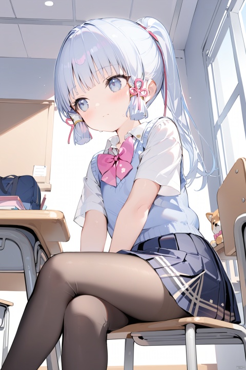  masterpiece,best quality,high quality,loli, shiba inu, kamisato ayaka, 1girl, solo, blush, bangs, skirt, shirt,bow, hair between eyes, twintails, sitting, closed mouth, school uniform, white shirt, white hair, short sleeves, pantyhose, multicolored hair, pleated skirt,no shoes, solo focus, indoors, bowtie, black skirt, vest, plaid, black pantyhose, chair, looking away, from below, crossed legs, pink bow, desk, sweater vest, classroom, school desk, pink bowtie, school chair