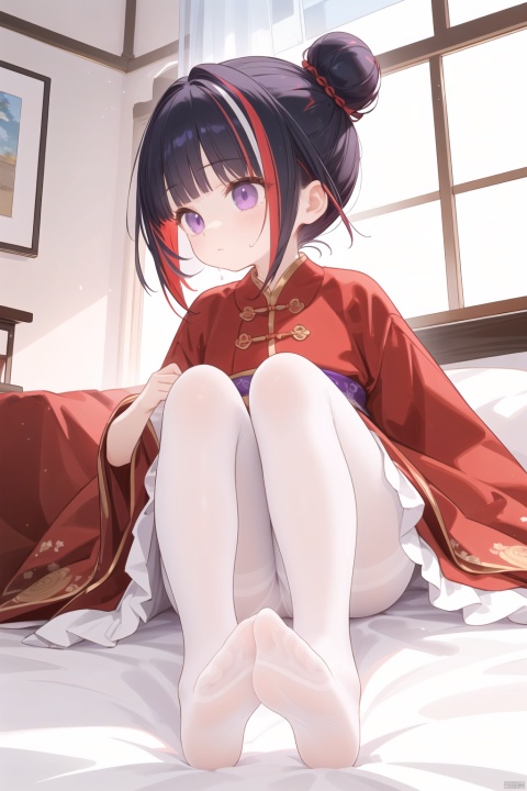  1girl, solo,loli,long hair,dress, pantyhose, sweat, frills, feet, legs, toes, bed sheet, no shoes, soles, white pantyhose, foot focus, full body,see-through pantyhose, shiny skin, shiny clothes, sweat, steam, toes, Standing, short hair, bangs, black hair, long sleeves, ribbon, standing, purple eyes, full body, red hair, multicolored hair, blunt bangs, streaked hair, gradient,  red shirt, pelvic curtain,lowangle,((best quality)),((masterpiece)),((ultra-detailed)),(illustration),(detailed light),(an extremely delicate and beautiful), hair bun, double bun, chinese clothes,from below