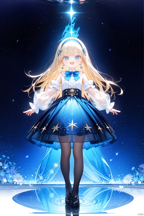  1girl, solo, long hair, looking at viewer, smile, open mouth, bangs, blue eyes, skirt, blonde hair, shirt, long sleeves, dress, bow, bare shoulders, jewelry, standing, full body, white shirt, flower, :d, pantyhose, hairband, earrings, frills, detached sleeves, shoes, puffy sleeves, bowtie, star \(symbol\), black footwear, blue skirt, see-through, black pantyhose, blue bow, white flower, puffy long sleeves, high-waist skirt, blue bowtie, blue hairband, see-through sleeves
(masterpiece),(best quality),illustration,ultra detailed,hdr,Depth of field,(colorful),(reflection light), incredibly absurdres, (Movie Poster), clear boundaries of the cloth,