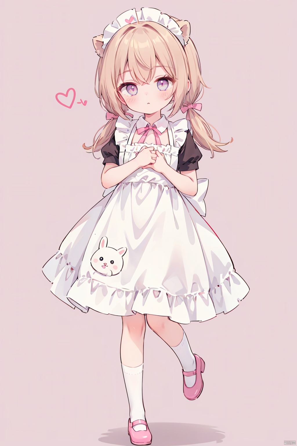  1girl, solo, long hair, looking at viewer, blush, bangs, blue eyes, blonde hair, simple background, dress, bow, holding, animal ears, twintails, closed mouth, standing, full body, short sleeves, hair bow, heart, frills, shoes, socks, puffy sleeves, rabbit ears, apron, puffy short sleeves, maid, maid headdress, low twintails, blush stickers, stuffed toy, pink background, frilled dress, stuffed animal, white socks, pink bow, pink dress, white apron, mary janes, maid apron, frilled apron, object hug, pink footwear, stuffed bunny, bobby socks, holding stuffed toy, frilled socks, , cuteloli