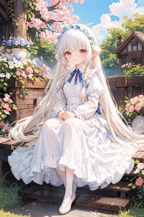 1girl,long_hair,braid,dress,frills,twin_braids,thighhighs,blue_dress,very_long_hair,apron,frilled_dress,looking_at_viewer,long_sleeves,lolita_fashion,hairband,orange_eyes,maid,ribbon,white_hair,flat_color,no_shoes,bangs,puffy_sleeves,breasts,juliet_sleeves,petticoat,chobits chi,chobits eyes,chobits hair tubes,flowers,garden,masterpiece,best quality,