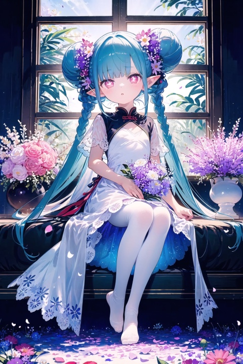 ((best quality)),((masterpiece)),((ultra-detailed)),(illustration),(detailed light),(an extremely delicate and beautiful),
1girl, solo, long hair, looking at viewer, blush,  dress, bow, sitting, very long hair, full body,  hair bow, pantyhose, hair bun, white dress, feet, window, double bun, no shoes, chinese clothes, couch, white pantyhose,White hair,pointy ears, round face,(petite child:1.2),tiamat_(fate),curled_horns,symbol-shaped_pupils,small_breasts,solo,looking_at_viewer,Pink eyes,braid,+_+,nai3,
(pure white dress, pure white silk cloth:1.5),(ground of flowers, thousand of flowers, colorful flowers, flowers around her, various flowers:1.51),young,stunning,attractive, 
