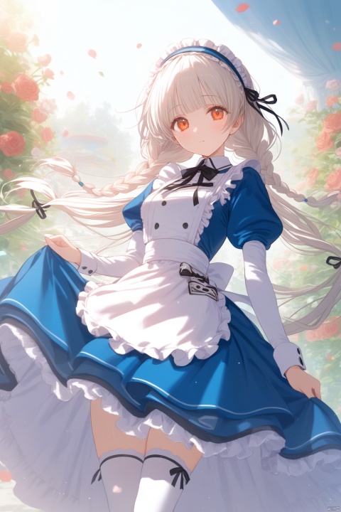  1girl,long_hair,braid,dress,frills,twin_braids,thighhighs,blue_dress,very_long_hair,apron,frilled_dress,looking_at_viewer,long_sleeves,lolita_fashion,hairband,orange_eyes,maid,ribbon,white_hair,flat_color,no_shoes,bangs,puffy_sleeves,breasts,juliet_sleeves,petticoat,chobits chi,chobits eyes,chobits hair tubes,flowers,garden,masterpiece,best quality, ray tracing,