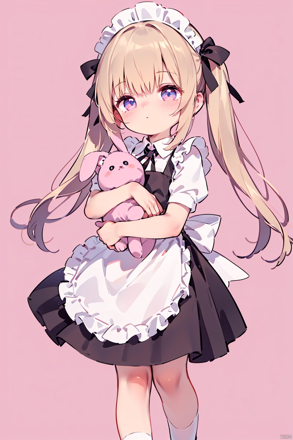  1girl, solo, long hair, looking at viewer, blush, bangs, blue eyes, blonde hair, simple background, dress, bow, holding, animal ears, twintails, closed mouth, standing, full body, short sleeves, hair bow, heart, frills, shoes, socks, puffy sleeves, rabbit ears, apron, puffy short sleeves, maid, maid headdress, low twintails, blush stickers, stuffed toy, pink background, frilled dress, stuffed animal, white socks, pink bow, pink dress, white apron, mary janes, maid apron, frilled apron, object hug, pink footwear, stuffed bunny, bobby socks, holding stuffed toy, frilled socks, , , caiyuan, loli