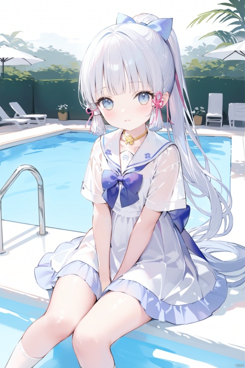  masterpiece,best quality,high quality,loli, shiba inu, kamisato ayaka, 1girl, solo, long hair, bangs, white_hair,dress, bow, sitting, ponytail, short sleeves, hair bow, outdoors,no shoes, day, socks, sailor collar, water, white dress, white socks,  sailor dress, Sitting by the swimming pool,hands between legs
