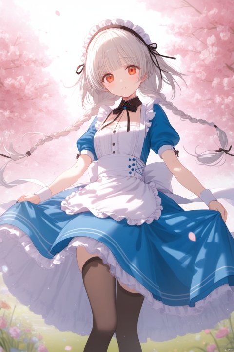  1girl,long_hair,braid,dress,frills,twin_braids,thighhighs,blue_dress,very_long_hair,apron,frilled_dress,looking_at_viewer,long_sleeves,lolita_fashion,hairband,orange_eyes,maid,ribbon,white_hair,flat_color,no_shoes,bangs,puffy_sleeves,breasts,juliet_sleeves,petticoat,chobits chi,chobits eyes,chobits hair tubes,flowers,garden,masterpiece,best quality, ray tracing,loli, 