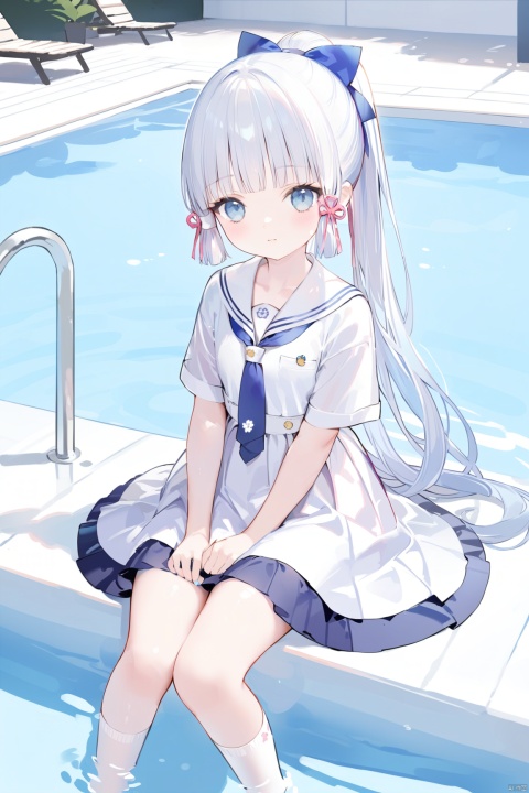  masterpiece,best quality,high quality,loli, shiba inu, kamisato ayaka, 1girl, solo, long hair, bangs, white_hair,dress, bow, sitting, ponytail, short sleeves, hair bow, outdoors,no shoes, day, socks, sailor collar, water, white dress, white socks,  sailor dress, Sitting by the swimming pool,hands between legs,chibi