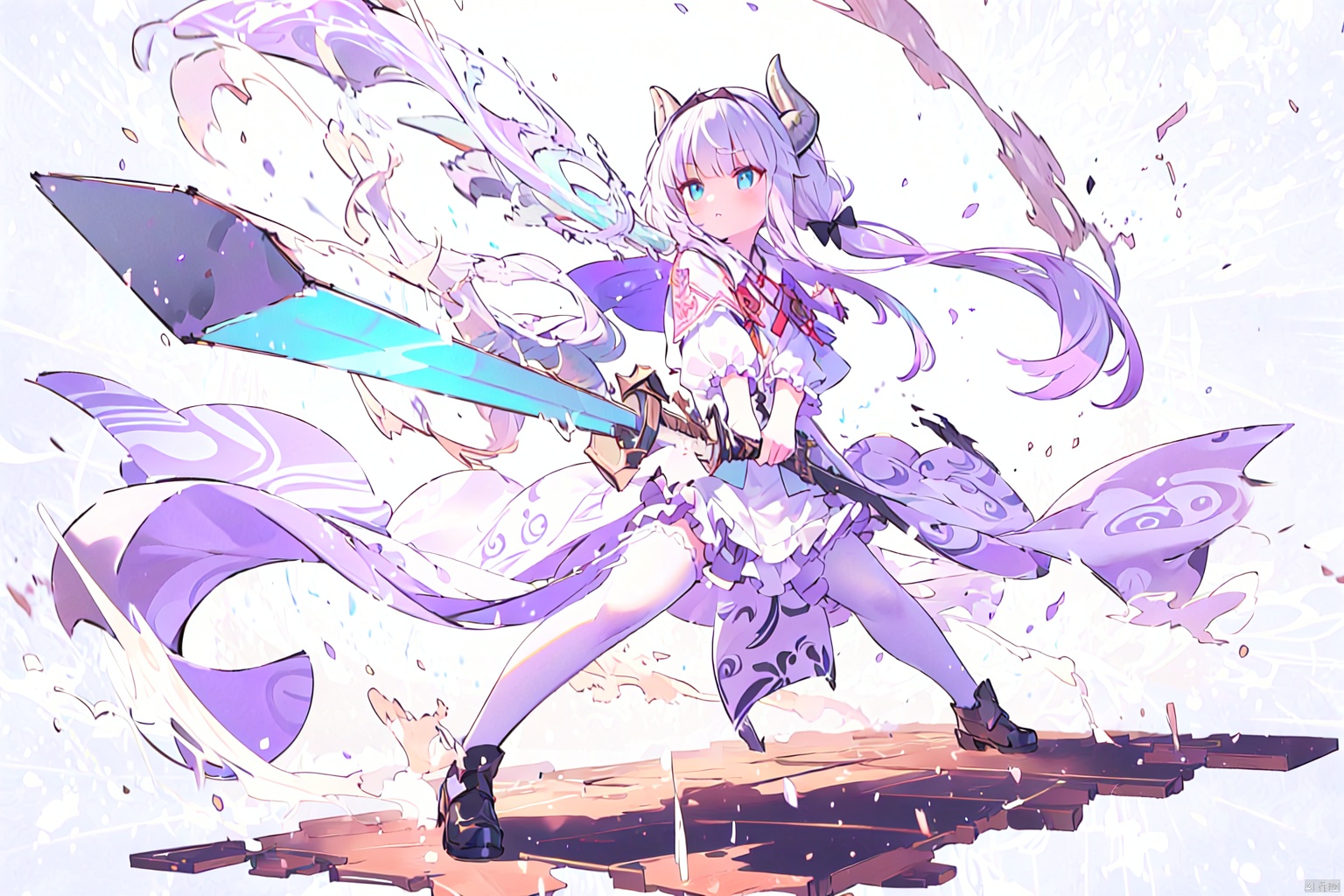  sword,sunrise stance,masterpiece, bestquality, KannaKamui, 1girl, solo, long hair,（Two handed sword,holding,weapon, sword,holding sword,A huge double-edged sword）, looking at viewer, blush, bangs, blue eyes, simple background, hair ornament, thighhighs, long sleeves, white background, dress, bow, twintails, standing, tail, full body, purple hair, hair bow, hairband, frills, horns, blunt bangs, white thighhighs, zettai ryouiki, black bow, capelet, low twintails, shoes, black hairband, light purple hair, dragon horns, legs apart, beads, lolita fashion, dragon girl, hair beads, frilled capelet,fighting_stance,dynamic pose