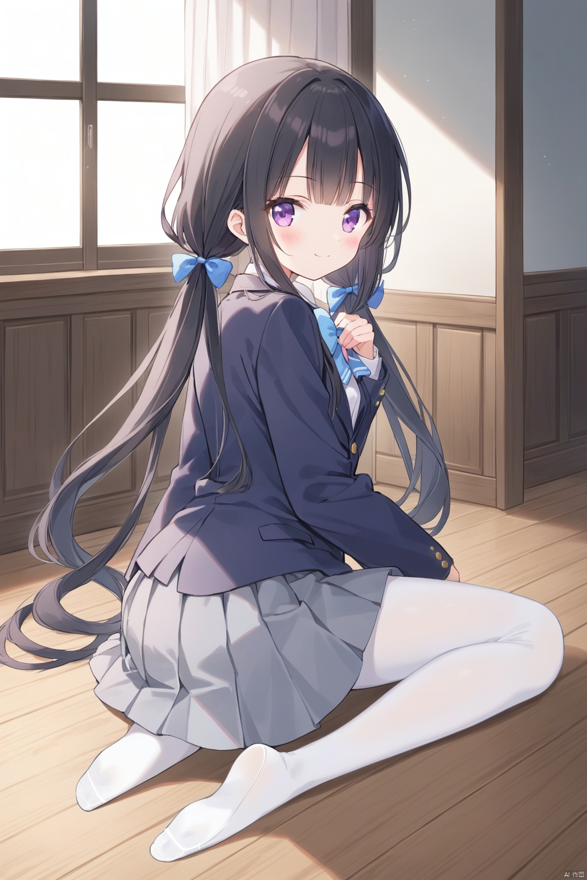  1girl, solo, long hair, looking at viewer, blush, smile, bangs, skirt, shirt, black hair, long sleeves, bow, twintails, sitting, very long hair, closed mouth, school uniform, purple eyes, jacket, full body, pantyhose, pleated skirt, indoors, bowtie, low twintails, blue bow, no shoes, table, blazer, grey skirt, white pantyhose, wooden floor, blue bowtie,shoulder,loli,looking back, from behind,