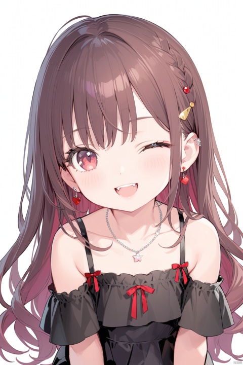 ,kantoku, masterpiece,best quality,high quality,loli,1girl, solo, long hair, looking at viewer, smile, open mouth, bangs, brown hair, black hair, hair ornament, red eyes, bare shoulders, jewelry, collarbone, earrings, one eye closed, teeth, hairclip, hand up, necklace, nail polish, v, fangs, ;d, portrait, red nails
