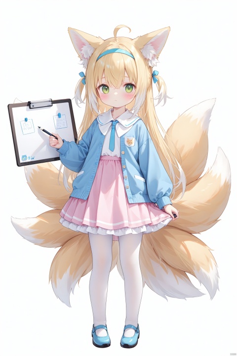 1girl, solo, long hair, looking at viewer, blush, bangs, skirt, blonde hair, simple background, shirt, long sleeves, white background, holding, animal ears, hair between eyes, closed mouth, green eyes, standing, tail, full body, ahoge, white hair, pantyhose, multicolored hair, hairband, shoes, alternate costume, two side up, animal ear fluff, fox ears, fox tail, aged down, blue shirt, fox girl, multiple tails, child, pink skirt, white pantyhose, blue footwear, Whiteboard, female child, blue hairband, kitsune, kindergarten uniform, kyuubi, holding Whiteboard, loli, suzuran \(arknights\)