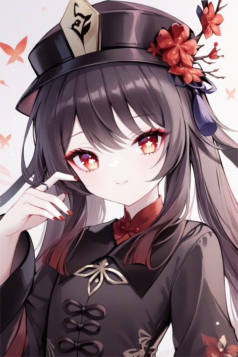 [iumu],[Sheya],[Artist chen bin], masterpiece,best quality,high quality,1girl, solo, long hair, looking at viewer, bangs, black hair, hair ornament, red eyes, long sleeves, closed mouth, upper body, flower, frills, chines clothes, hand up, hair flower, blunt bangs, nail polish, makeup, red flower, tassel, red nails, hime cut,, (hu tao)