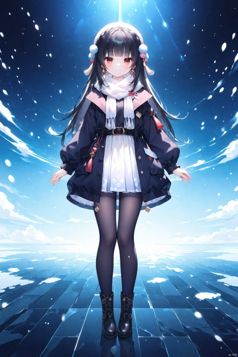 masterpiece,best quality,high quality,1girl, solo, long hair, looking at viewer, smile, bangs, skirt, shirt, black hair, red eyes, long sleeves, jewelry, closed mouth, standing, jacket, full body, braid, short sleeves, pantyhose, earrings, boots, open clothes, alternate costume, belt, blunt bangs, scarf, black footwear, high heels, white skirt, tassel, high heel boots, white scarf, purple pantyhose, yun_jin_(genshin_impact),loli