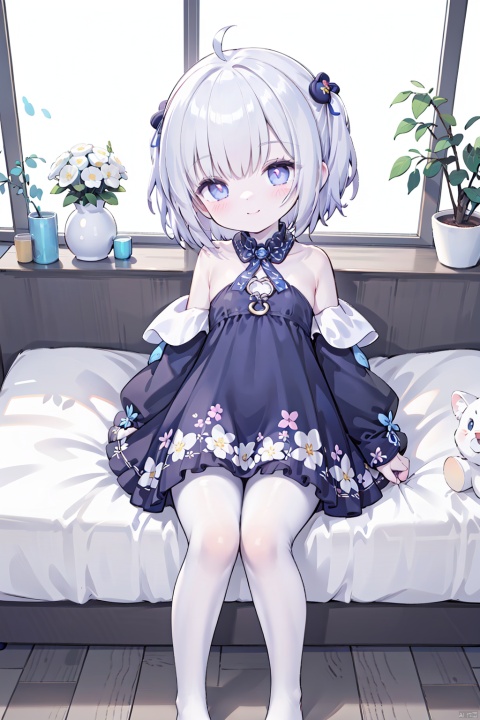 pov,from_above,1girl,loli,solo,white hair,gray eyes,white off-shoulder frilled dress ,white pantyhose,No shoes,purple ribbon,smile,indoors,Loft Bedroom Under Circular Window,sitting ,yokozuwari,huge ahoge,conservatory,frilled neck ring,collarbone,two_side_up,body blush,blush,pale_skin,super detailed skin,eyeliner,eyelashes,swept_bangs,hair ornament,leaf,Lush flowers,tassel,loose dress,reflection,ray tracing,chiaroscuro, Brilliant Colorful Paintings, loli, TB,(little_girl:1.2),(petite:1.1),bright_pupils,blue eyes,short hair,gothic_lolita,dress