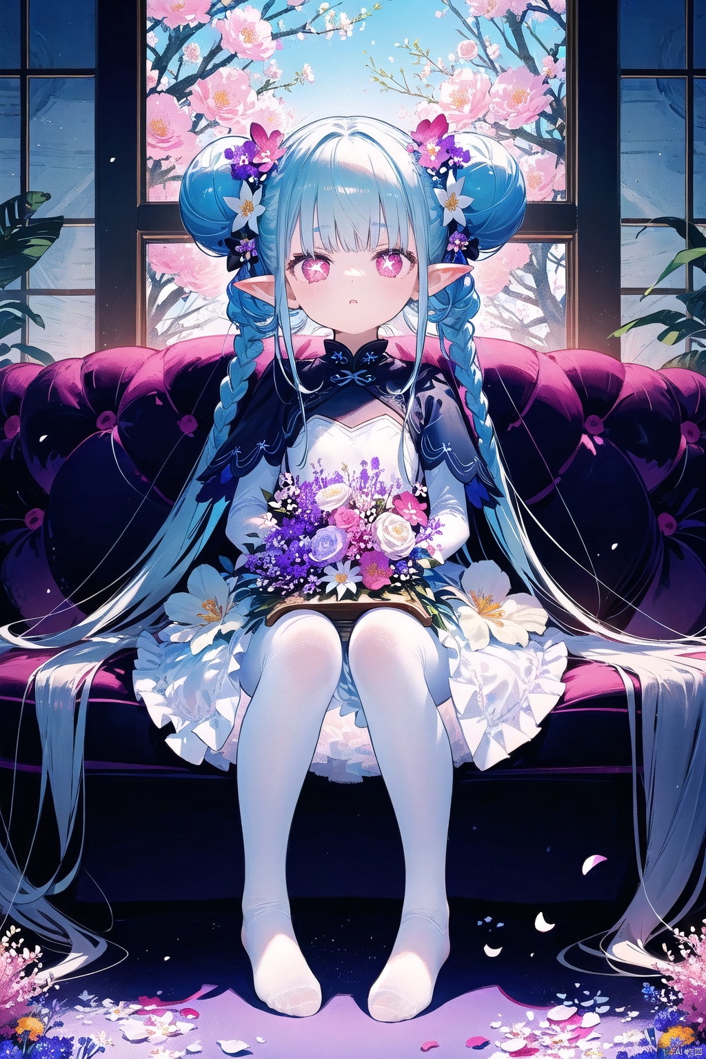 ((best quality)),((masterpiece)),((ultra-detailed)),(illustration),(detailed light),(an extremely delicate and beautiful),
1girl, solo, long hair, looking at viewer, blush,  dress, bow, sitting, very long hair, full body,  hair bow, pantyhose, hair bun, white dress, feet, window, double bun, no shoes, chinese clothes, couch, white pantyhose,White hair,pointy ears, round face,(petite child:1.2),tiamat_(fate),curled_horns,symbol-shaped_pupils,small_breasts,solo,looking_at_viewer,Pink eyes,braid,+_+,nai3,
(pure white dress, pure white silk cloth:1.5),(ground of flowers, thousand of flowers, colorful flowers, flowers around her, various flowers:1.51),young,stunning,attractive, 
