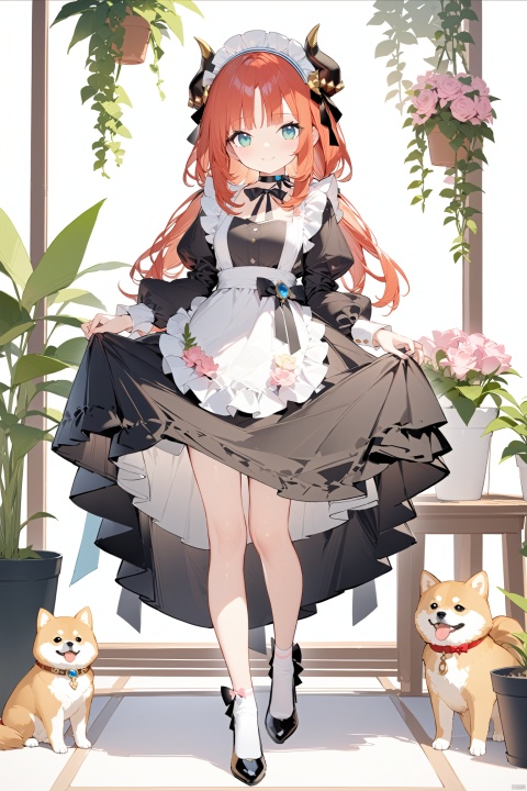 shiba inu, masterpiece,best quality,high quality, 1girl, solo, long hair, breasts, looking at viewer, smile, bangs, blue eyes, long sleeves, dress, bow, ribbon, medium breasts, very long hair, closed mouth, standing, full body, flower, red hair, frills, horns, alternate costume, choker, socks, puffy sleeves, black footwear, apron, black dress, high heels, aqua eyes, maid, maid headdress, black ribbon, black bow, rose, leg up, standing on one leg, frilled dress, plant, white socks, juliet sleeves, waist apron, white apron, pink flower, maid apron, puffy long sleeves, enmaided, skirt hold, potted plant, nilou \(genshin impact\),loli
