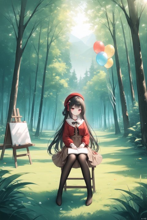  1girl, solo, long hair, bangs, skirt, black hair, long sleeves, hat, dress, sitting, very long hair, pantyhose, outdoors, no shoes, day, tree, black pantyhose, beret, sunlight, grass, nature, scenery, red headwear, forest, brown skirt, balloon,easel,[iumu],[Sheya],[Artist chen bin], masterpiece,best quality,high quality,
