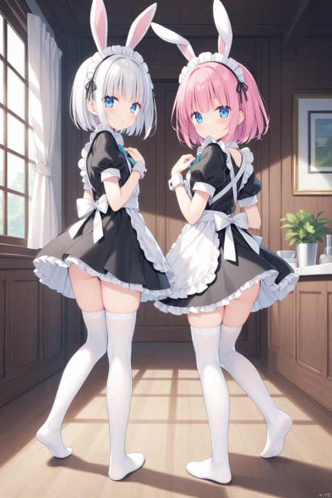 looking at viewer, short hair, bangs, blue eyes, multiple girls, thighhighs, dress, 2girls, animal ears, standing, full body, pink hair, ass, white hair, short sleeves, puffy sleeves, looking back, indoors, from behind, rabbit ears, apron, black dress, feet, puffy short sleeves, maid, maid headdress, no shoes, soles, bob cut, white apron, maid apron,kantoku,masterpiece,best quality,high quality,(colorful),loli,