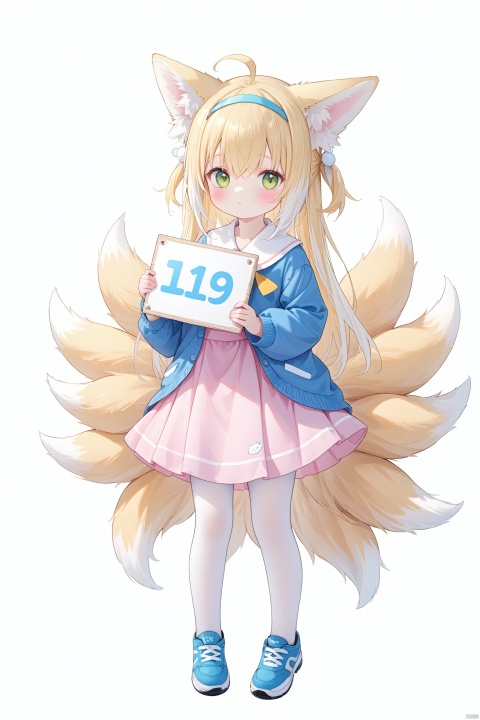 1girl, solo, long hair, looking at viewer, blush, bangs, skirt, blonde hair, simple background, shirt, long sleeves, white background, holding, animal ears, hair between eyes, closed mouth, green eyes, standing, tail, full body, ahoge, white hair, pantyhose, multicolored hair, hairband, shoes, alternate costume, two side up, animal ear fluff, fox ears, fox tail, aged down, blue shirt, fox girl, multiple tails, child, pink skirt, white pantyhose, blue footwear, sign, female child, blue hairband, kitsune, kindergarten uniform, kyuubi, holding sign, suzuran \(arknights\)