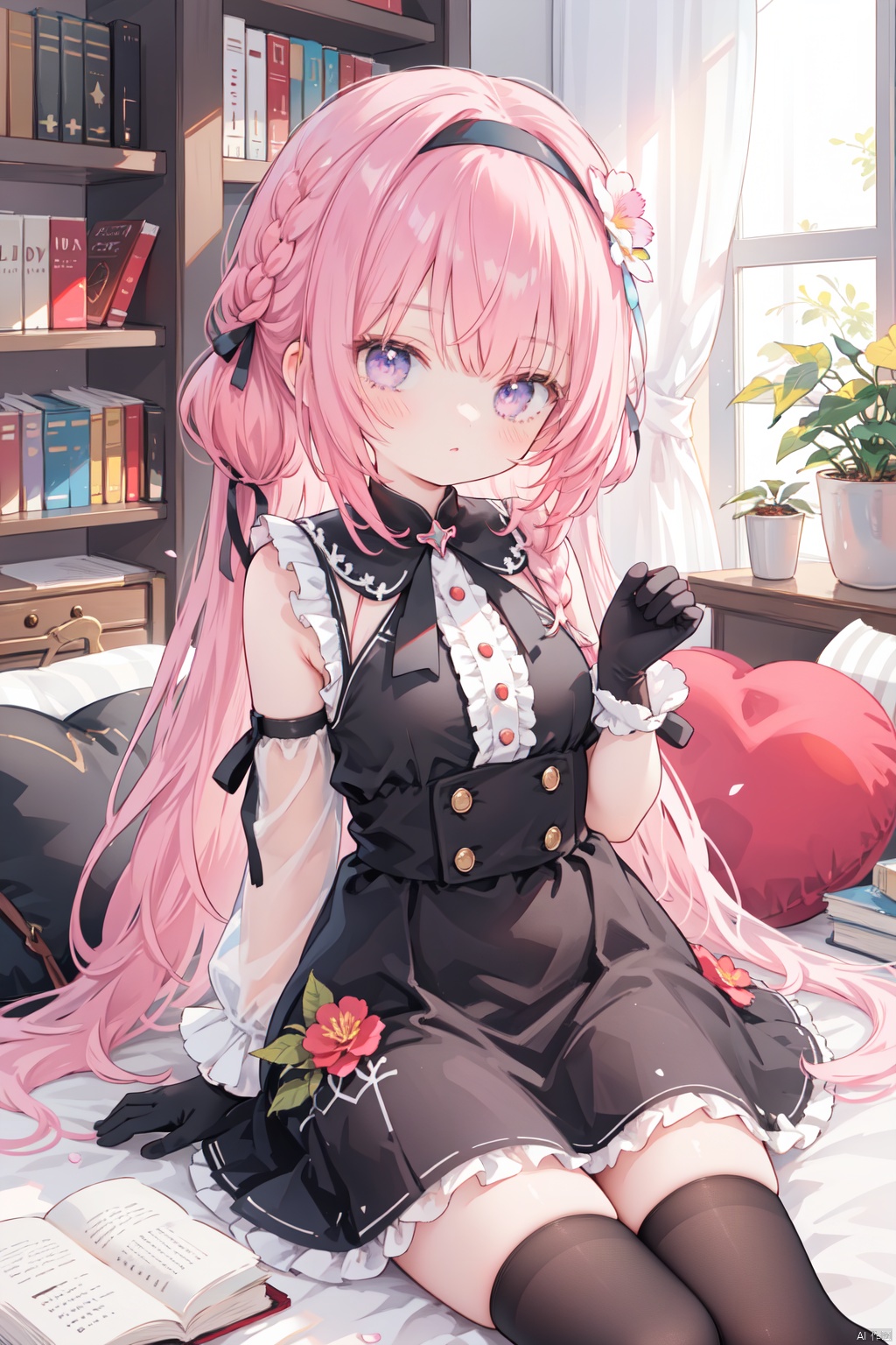  long hair, breasts, looking at viewer, bangs, thighhighs, gloves, dress, bare shoulders, sitting, very long hair, closed mouth, purple eyes, braid, flower, sidelocks, thighs, red hair, hairband, sleeveless, black gloves, elbow gloves, black thighhighs, black dress, arm up, book, sleeveless dress, cross, single thighhigh, french braid, book stack, loli, (masterpiece), (best quality), illustration, ultra detailed, hdr, Depth of field, (colorful), loli, 2girls, multiple girls,