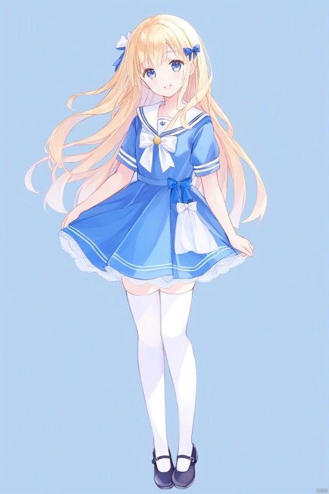  solo,1girl,thighhighs,blonde_hair,long_hair,blue_eyes,mary_janes,shoes,dress,white_thighhighs,sailor_dress,full_body,standing,bow,zettai_ryouiki,smile