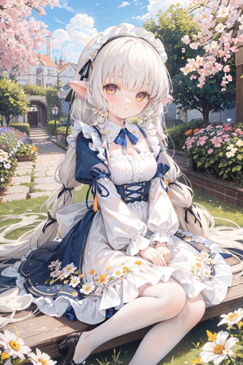  1girl,long_hair,braid,dress,frills,twin_braids,thighhighs,blue_dress,very_long_hair,apron,frilled_dress,looking_at_viewer,long_sleeves,lolita_fashion,hairband,orange_eyes,maid,ribbon,white_hair,flat_color,no_shoes,bangs,puffy_sleeves,breasts,juliet_sleeves,petticoat,chobits chi,chobits eyes,chobits hair tubes,flowers,garden,masterpiece,best quality, ray tracing,loli, , loli