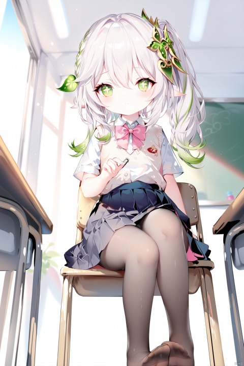 [iumu],[Sheya],[Artist chen bin], masterpiece,best quality,high quality,loli, 1girl, solo, blush, bangs, skirt, shirt,bow, hair between eyes, twintails, sitting, closed mouth, school uniform, white shirt, white hair, short sleeves, pantyhose, multicolored hair, pleated skirt,no shoes, solo focus, indoors, bowtie, black skirt, vest, plaid, black pantyhose, chair, looking away, from below, crossed legs, pink bow, desk, sweater vest, classroom, school desk, pink bowtie, school chair,nahida, 