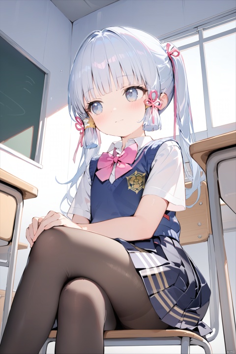  masterpiece,best quality,high quality,loli, shiba inu, kamisato ayaka, 1girl, solo, blush, bangs, skirt, shirt,bow, hair between eyes, twintails, sitting, closed mouth, school uniform, white shirt, white hair, short sleeves, pantyhose, multicolored hair, pleated skirt,no shoes, solo focus, indoors, bowtie, black skirt, vest, plaid, black pantyhose, chair, looking away, from below, crossed legs, pink bow, desk, sweater vest, classroom, school desk, pink bowtie, school chair