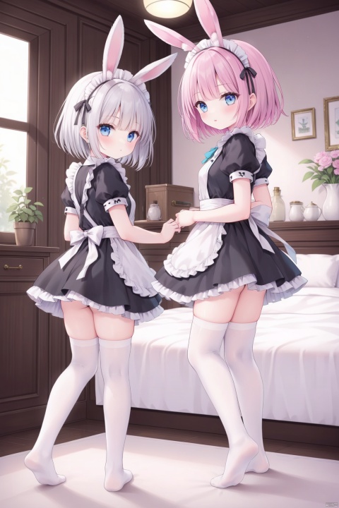  looking at viewer, short hair, bangs, blue eyes, multiple girls, thighhighs, dress, 2girls, animal ears, standing, full body, pink hair, ass, white hair, short sleeves, puffy sleeves, looking back, indoors, from behind, rabbit ears, apron, black dress, feet, puffy short sleeves, maid, maid headdress, no shoes, soles, bob cut, white apron, maid apron,kantoku,masterpiece,best quality,high quality,(colorful),loli,