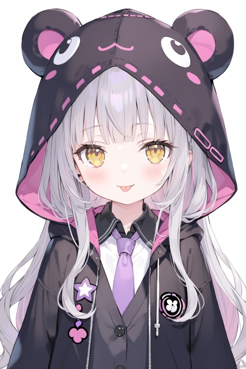 1girl, solo, long hair, looking at viewer, blush, smile, bangs, shirt, long sleeves, jacket, yellow eyes, upper body, grey hair, open clothes, necktie, tongue, collared shirt, virtual youtuber, hood, tongue out, blunt bangs, sleeves past wrists, black shirt, headphones, :p, hood up, animal hood, purple necktie, murasaki shion,loli, tinkle