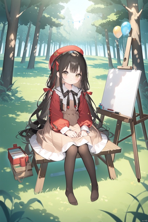  1girl, solo, long hair, bangs, skirt, black hair, long sleeves, hat, dress, sitting, very long hair, pantyhose, outdoors, no shoes, day, tree, black pantyhose, beret, sunlight, grass, nature, scenery, red headwear, forest, brown skirt, balloon,easel,loli