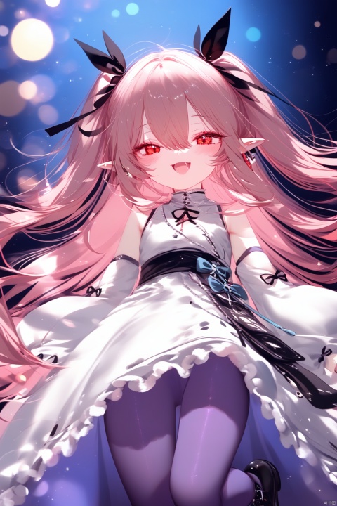 [iumu],[Sheya],[Artist chen bin],1girl, solo, long hair, looking at viewer, blush, smile, open mouth, bangs, red eyes, long sleeves, dress, bow, ribbon, hair between eyes, very long hair, hair ribbon, pink hair, :d, pantyhose, frills, detached sleeves, shoes, sleeveless, pointy ears, puffy sleeves, virtual youtuber, wide sleeves, black footwear, white dress, two side up, sleeves past wrists, black ribbon, sleeveless dress, puffy long sleeves, white sleeves, purple pantyhose,loli