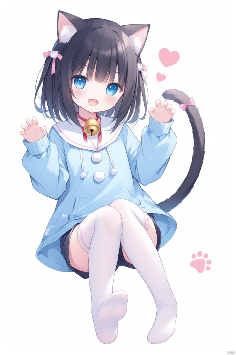  1girl, solo, looking at viewer, smile, open mouth, bangs, blue eyes, black hair, thighhighs, long sleeves, white background, animal ears, tail, full body, :d, heart, shorts, socks, virtual youtuber, cat ears, feet, cat tail, bell, toes, :3, no shoes, soles, cat girl, neck bell, tail ornament, foot focus, claw pose, paw print,loli,Kantoku
