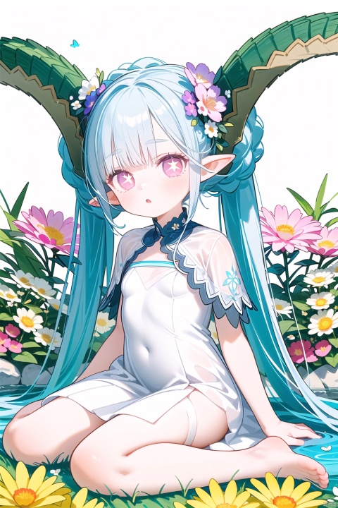  ((best quality)),((masterpiece)),((ultra-detailed)),(illustration),(detailed light),(an extremely delicate and beautiful),
twintails, 1girl, pointy ears, round face,(petite child:1.2),tiamat_(fate),curled_horns,symbol-shaped_pupils,small_breasts,solo,looking_at_viewer,braid,+_+,
Wallpaper,1girl,(girl middle of flower:1.4),clear sky,outside,sitting on the ground,(pure white dress, pure white silk cloth:1.5),(ground of flowers, thousand of flowers, colorful flowers, flowers around her, various flowers:1.51),young,stunning,attractive,
