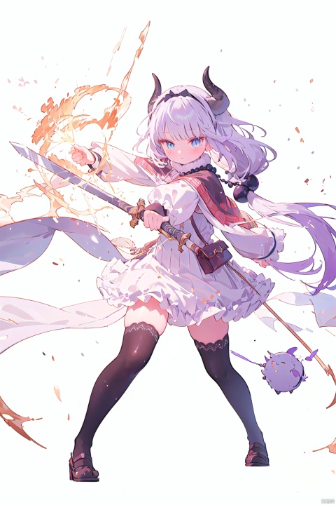  sword,sunrise stance,masterpiece, bestquality, KannaKamui, 1girl, solo, long hair,（Two handed sword,holding,weapon, sword,holding sword,A huge double-edged sword）, looking at viewer, blush, bangs, blue eyes, simple background, hair ornament, thighhighs, long sleeves, white background, dress, bow, twintails, standing, tail, full body, purple hair, hair bow, hairband, frills, horns, blunt bangs, white thighhighs, zettai ryouiki, black bow, capelet, low twintails, shoes, black hairband, light purple hair, dragon horns, legs apart, beads, lolita fashion, dragon girl, hair beads, frilled capelet,fighting_stance,dynamic pose, kanna kamui