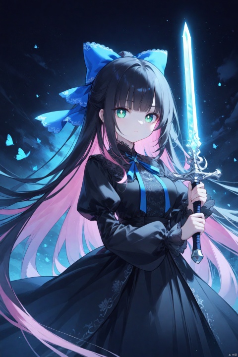 1girl, solo, long hair, breasts, looking at viewer, bangs, blue eyes, black hair, dress, bow, ribbon, holding, very long hair, closed mouth, green eyes, blue hair, upper body, weapon, pink hair, hair bow, multicolored hair, puffy sleeves, sword, blunt bangs, holding weapon, black dress, two-tone hair, neck ribbon, night, glowing, blue bow, holding sword, blue ribbon, bright pupils, colored inner hair, 