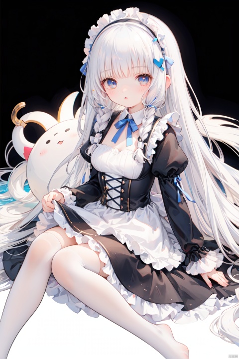  1girl,long_hair,braid,dress,frills,twin_braids,thighhighs,blue_dress,white_hair,very_long_hair,apron,frilled_dress,blue_eyes,looking_at_viewer,long_sleeves,white_background,lolita_fashion,hairband,orange_eyes,maid,ribbon,white_hair,flat_color,no_shoes,bangs,puffy_sleeves,breasts,simple_background,juliet_sleeves,petticoat