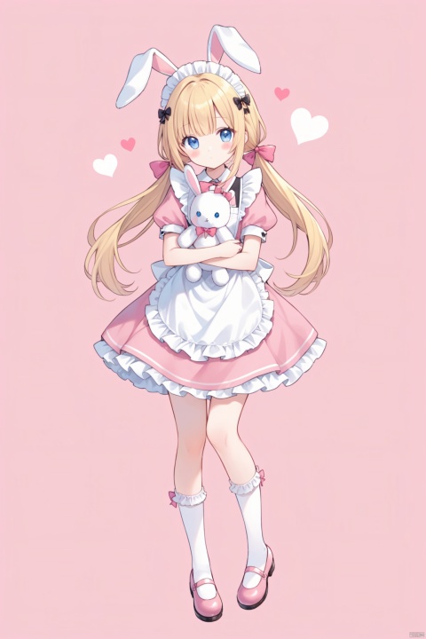 1girl, solo, long hair, looking at viewer, blush, bangs, blue eyes, blonde hair, simple background, dress, bow, holding, animal ears, twintails, closed mouth, standing, full body, short sleeves, hair bow, heart, frills, shoes, socks, puffy sleeves, rabbit ears, apron, puffy short sleeves, maid, maid headdress, low twintails, blush stickers, stuffed toy, pink background, frilled dress, stuffed animal, white socks, pink bow, pink dress, white apron, mary janes, maid apron, frilled apron, object hug, pink footwear, stuffed bunny, bobby socks, holding stuffed toy, frilled socks