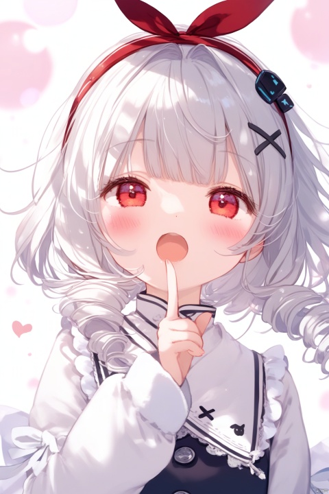 1girl, solo, looking at viewer, blush, short hair, open mouth, bangs, hair ornament, red eyes, long sleeves, ribbon, upper body, white hair, hairband, frills, virtual youtuber, drill hair, hair intakes, x hair ornament, index finger raised,loli, 