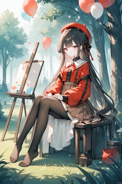 1girl, solo, long hair, bangs, skirt, black hair, long sleeves, hat, dress, sitting, very long hair, pantyhose, outdoors, no shoes, day, tree, black pantyhose, beret, sunlight, grass, nature, scenery, red headwear, forest, brown skirt, balloon,easel,[iumu],[Sheya],[Artist chen bin], masterpiece,best quality,high quality, 