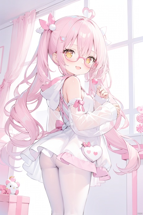 loli,see-through,long hair, breasts, looking at viewer, blush, smile, open mouth, bangs, hair ornament, long sleeves, dress, holding, 1girl, hair between eyes, bare shoulders, twintails, very long hair, jacket, yellow eyes, pink hair, ahoge, :d, heart, detached sleeves, glasses, hairclip, looking back, indoors, hood, white dress,  sleeves past wrists, symbol-shaped pupils, heart-shaped pupils,  candy,  lollipop, heart ahoge, pink-framed eyewear,standing, tail, heart, white pantyhose, thighs, no shoes, 