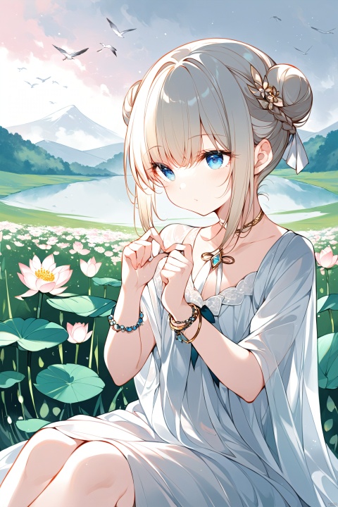 {( with blue eyes, long pale gold hair braided into a flying bun and exquisite hair accessories),

(Clear facial features, charming eyes, beautiful double eyelids, delicate nose, small mouth, pink lips, baby-like cheeks),

(beautiful, perfect, exquisite),

(There are beautiful flowers, plants and birds in the misty valley, magnificent and historical),

(Wearing exquisite cassocks, bracelets, anklets and elegant ribbons, barefoot, dreamy and elegant),

((Eyes slightly open, hands pinching in front of chest, sitting cross-legged on a lotus, photo: 1.3, RAW file format, master-level illustration work, 32k ultra-high-definition wallpaper, best CG. Gorgeous Sense. Dynamic sense. Vivid sense)): 1.4, 