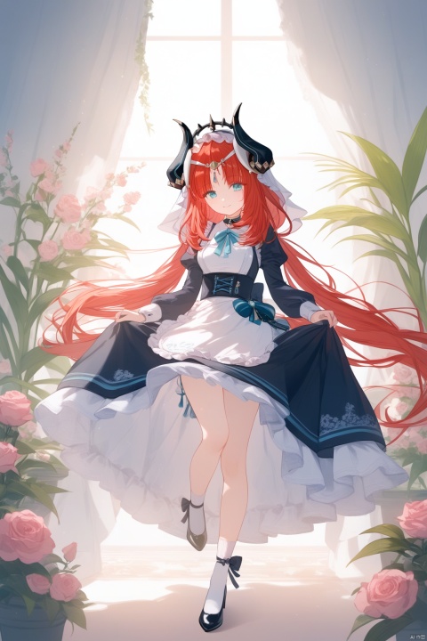  loli,masterpiece,best quality,high quality, 1girl, solo, long hair, breasts, looking at viewer, smile, bangs, blue eyes, long sleeves, dress, bow, ribbon, medium breasts, very long hair, closed mouth, standing, full body, flower, red hair, frills, horns, alternate costume, choker, socks, puffy sleeves, black footwear, apron, black dress, high heels, aqua eyes, maid, maid headdress, black ribbon, black bow, rose, leg up, standing on one leg, frilled dress, plant, white socks, juliet sleeves, waist apron, white apron, pink flower, maid apron, puffy long sleeves, enmaided, skirt hold, potted plant, nilou \(genshin impact\)