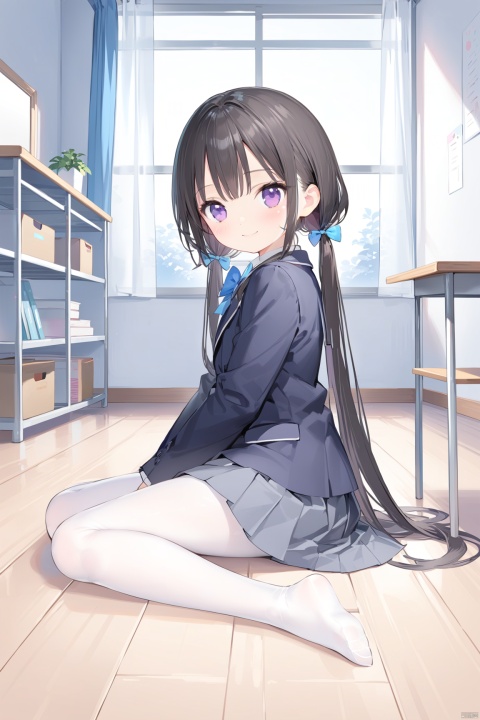  1girl, solo, long hair, looking at viewer, blush, smile, bangs, skirt, shirt, black hair, long sleeves, bow, twintails, sitting, very long hair, closed mouth, school uniform, purple eyes, jacket, full body, pantyhose, pleated skirt, indoors, bowtie, low twintails, blue bow, no shoes, table, blazer, grey skirt, white pantyhose, wooden floor, blue bowtie,shoulder,loli,looking back, from behind,