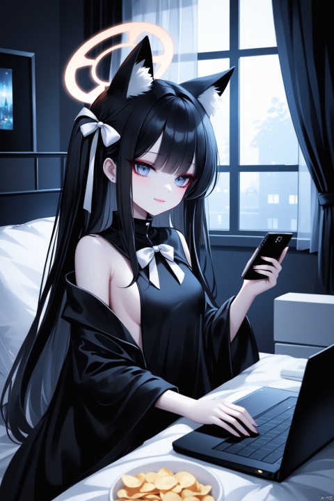  [iumu],[Sheya],[Artist chen bin],seia (blue archive),1girl,solo,face close-up,alternate costume,animal ear fluff,naked poncho,loose,naked capelet,sideboob,bed,light smile,bare shoulder,hair ribbon,shirt,halo,laptop,gamepad,phone,chips,food,curtains,window,bow,Black Theme,night, best quality, amazing quality, very aesthetic, absurdres,seiaBA