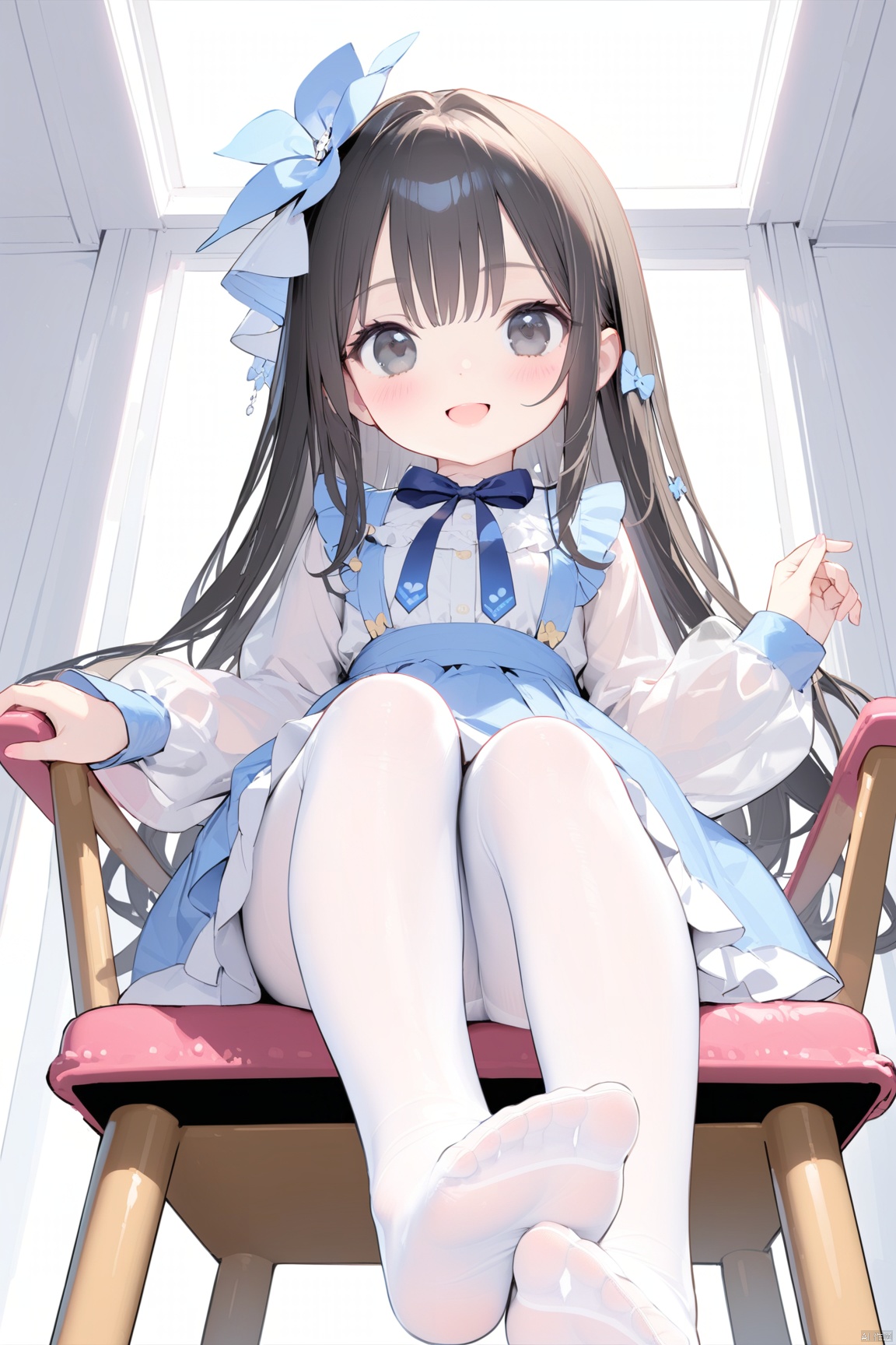 1girl, solo, long hair, looking at viewer, blush, smile, bangs, blue eyes, skirt, shirt, hair ornament, long sleeves, dress, bow,  pantyhose, white pantyhose, long hair, breasts, open mouth, bangs, black hair, navel, sitting,  black eyes, feet, lips, toes, chair, from below,  foreshortening, loli