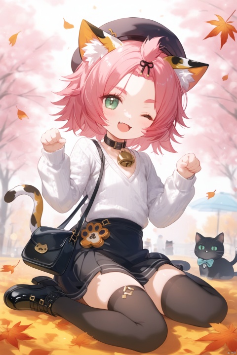  masterpiece,best quality,high quality,loli, 1girl, solo, looking at viewer, smile, short hair, open mouth, skirt, thighhighs, long sleeves, hat, animal ears, sitting, green eyes, tail, pink hair, outdoors, one eye closed, shoes, choker, fang, black thighhighs, cat ears, black skirt, bag, black footwear, sweater, tree, cat tail, animal ear fluff, black headwear, bell, leaf, beret, wariza, ;d, cat girl, neck bell, paw pose, handbag, shoulder bag, white sweater, autumn, diona \(genshin impact\),chibi